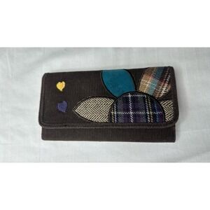 New Women's wallet, corduroy Tweed flowers and hearts BoHo Indie/hippie Brown